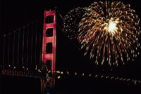 July Fourth fireworks above the Golden Gate Bridge in San Francisco, celebrating America's blessings from sea to shining sea.