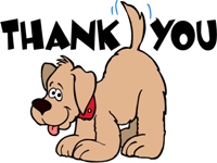 Thank you card graphic with a cute dog wagging its tail.